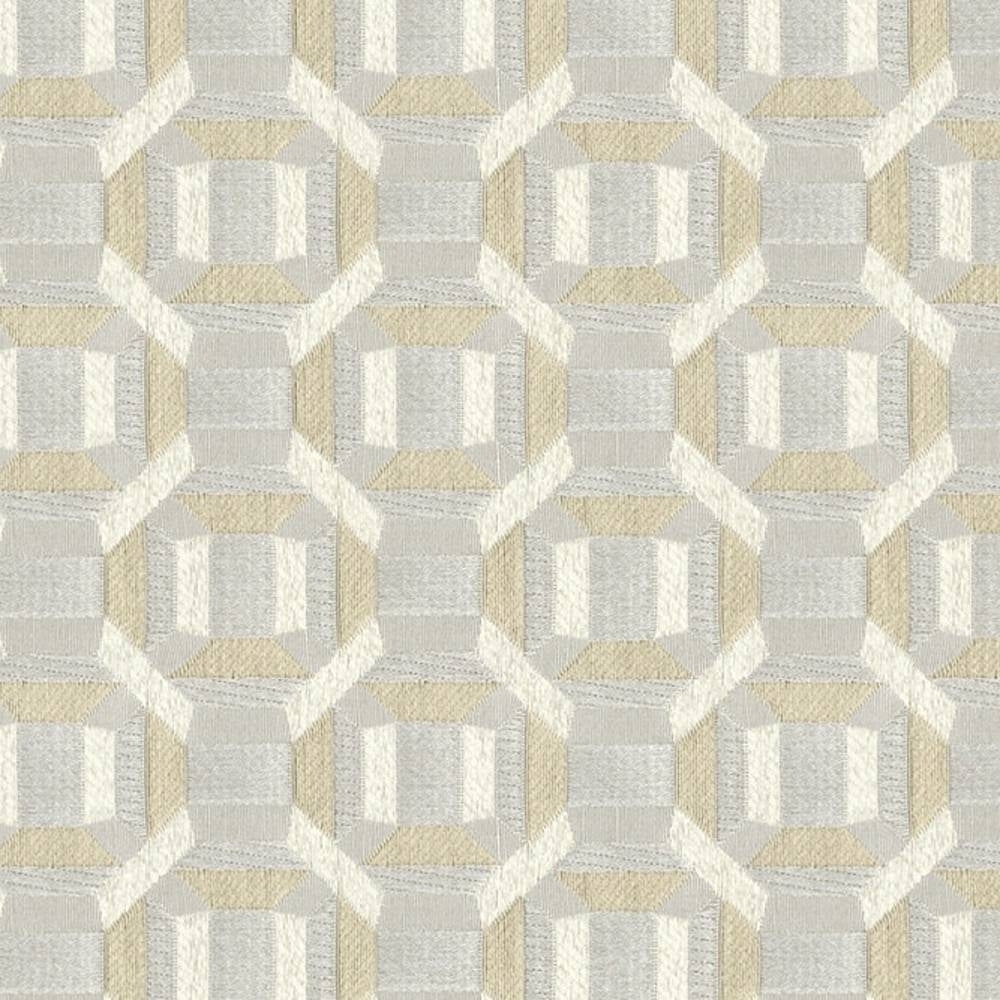 Close-up of a contemporary 100% polyester upholstery fabric in beige and cream with light grey accents, showing a textured jacquard geometric octagon-and-rectangle pattern with a 2.5" x 2.5" repeat for sofas.