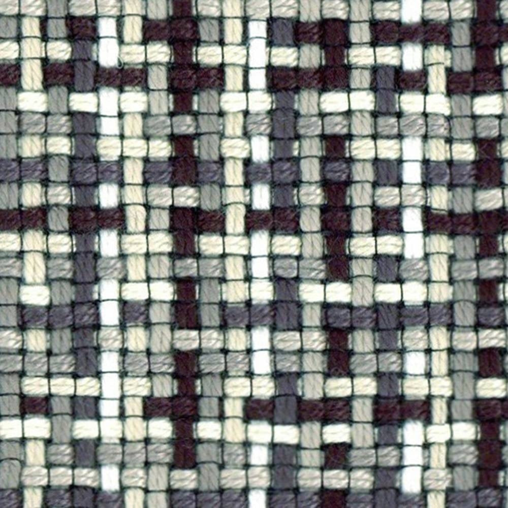 Close-up of neutral woven upholstery fabric in cream, gray and charcoal, showing a small-scale basket-weave texture with visible yarns; 95% acrylic and 5% polyester, suitable for contemporary sofa upholstery.