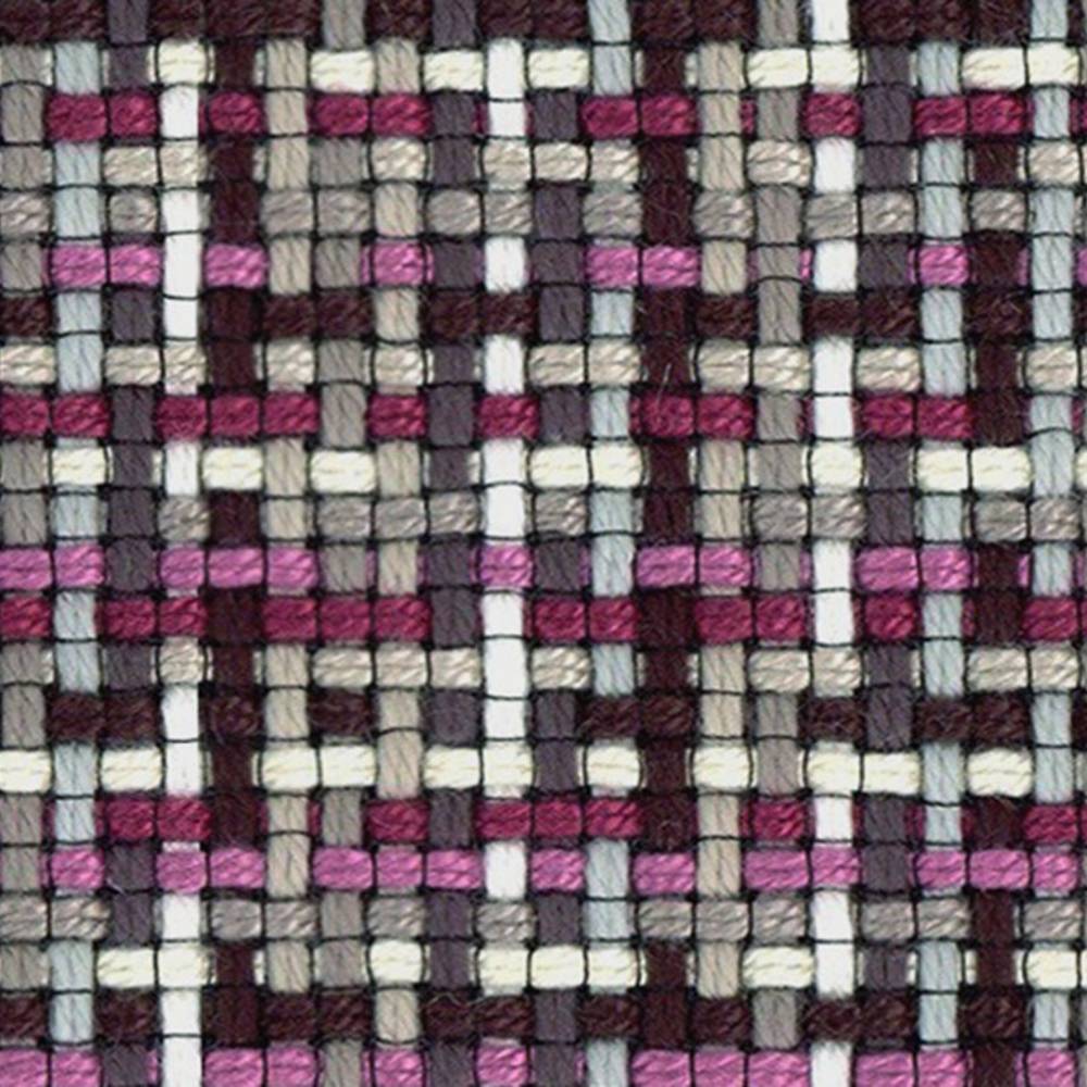 Close-up of woven 95% acrylic, 5% polyester upholstery fabric in a contemporary checked pattern with burgundy, pink, gray and cream yarns.