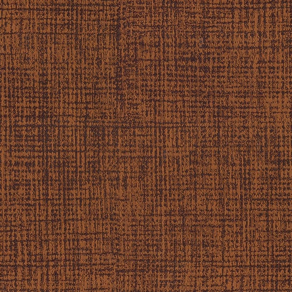 Close-up of contemporary 100% polyester upholstery fabric in warm rust brown with dark brown crosshatch texture and subtle speckled weave, shown as a sofa-grade textile sample.