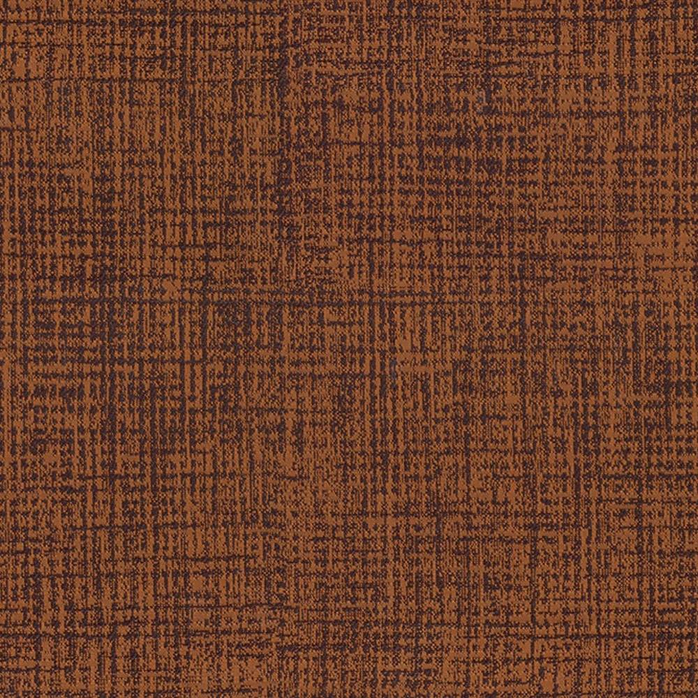 Close-up of contemporary 100% polyester upholstery fabric in warm rust brown with dark brown crosshatch texture and subtle speckled weave, shown as a sofa-grade textile sample.