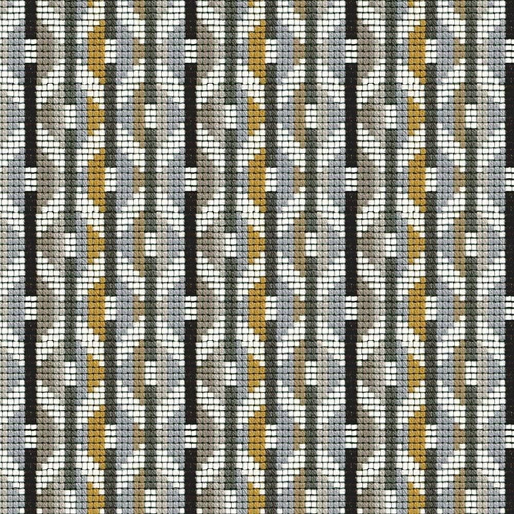 Close-up of contemporary, modern upholstery fabric for sofas in beige, gray, white, black and mustard gold, showing a woven geometric vertical-stripe pattern; 95% acrylic, 5% polyester construction.