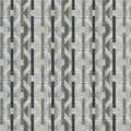 Close-up of woven upholstery fabric in beige and gray with a small square-grid weave and repeating vertical geometric stripe pattern; contemporary sofa fabric made of 95% acrylic and 5% polyester.
