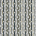 Close-up of woven upholstery fabric in beige and gray with a small square-grid weave and repeating vertical geometric stripe pattern; contemporary sofa fabric made of 95% acrylic and 5% polyester.