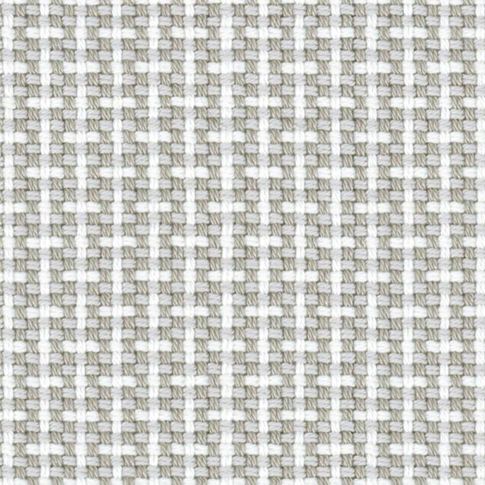Close-up of beige and white woven upholstery fabric showing a small basket-weave texture and subtle grid pattern; 100% acrylic suitable for contemporary sofa and indoor use.