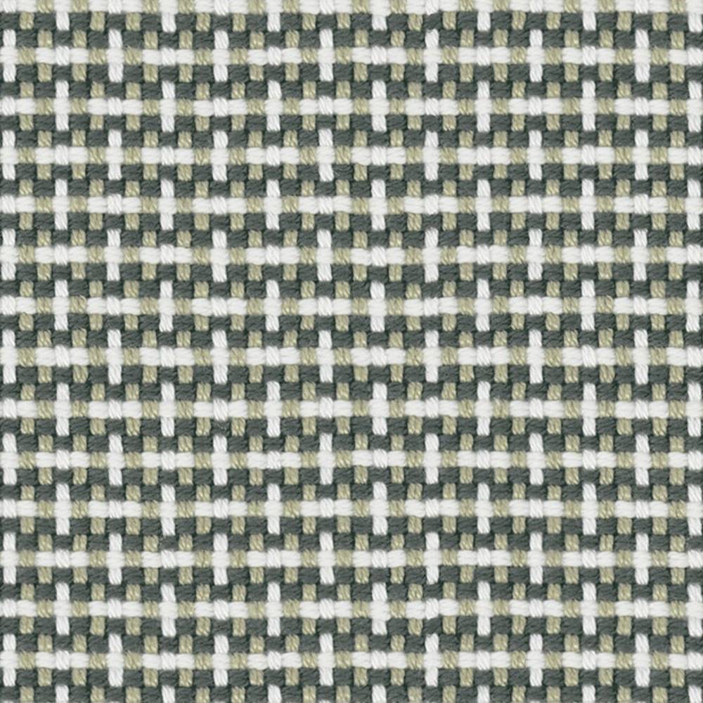 Close-up of 100% acrylic upholstery fabric showing a small woven check pattern in white, beige and muted gray-green yarns, highlighting the textured basket-weave suitable for contemporary and modern sofas.