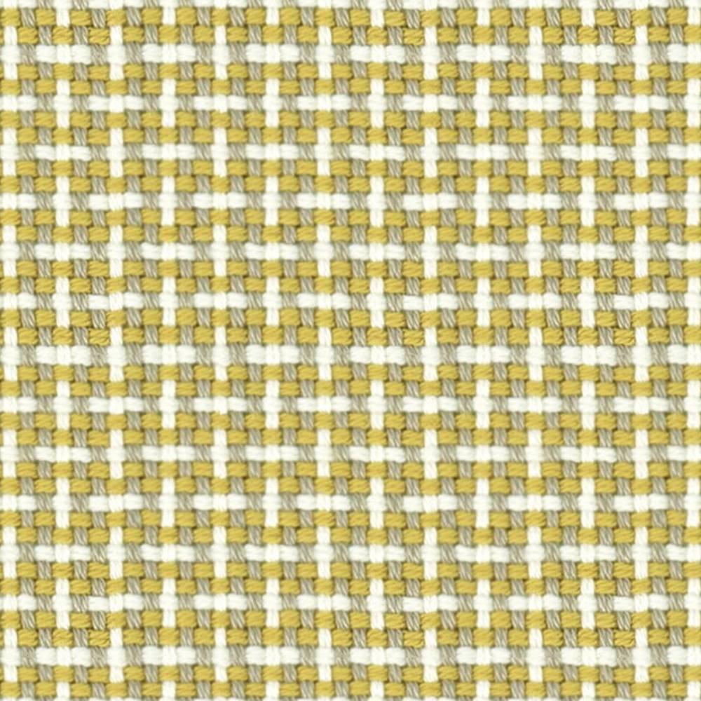 Close-up of a yellow, beige and white woven upholstery fabric showing a small basketweave check pattern and textured yarns; 100% acrylic suitable for contemporary sofa applications.