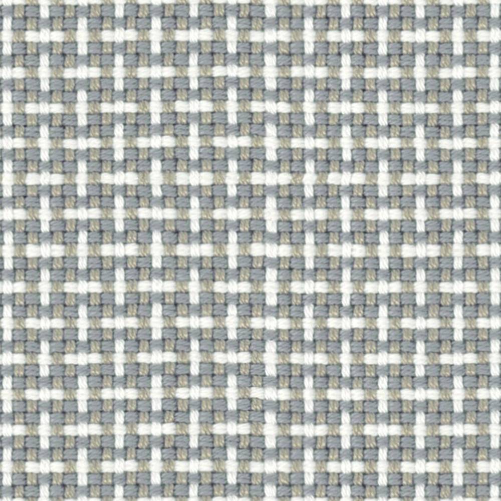 Close-up of neutral basketweave upholstery fabric in white, light gray and beige showing a tight 0.5" x 0.5" woven texture; 100% acrylic for contemporary sofas.