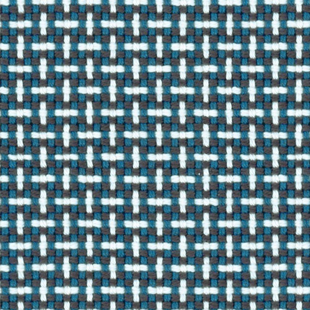 Close-up of woven 100% acrylic upholstery fabric in teal, white and charcoal showing a textured, small-scale grid/check pattern suited for contemporary sofa upholstery.