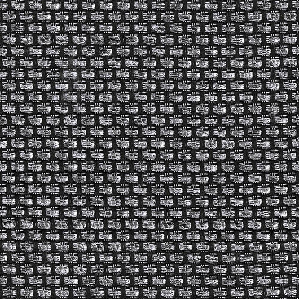 Close-up of 100% polyester sofa upholstery fabric showing a tight black-and-gray basketweave with small rectangular textured yarns, a neutral indoor fabric suitable for sofas.