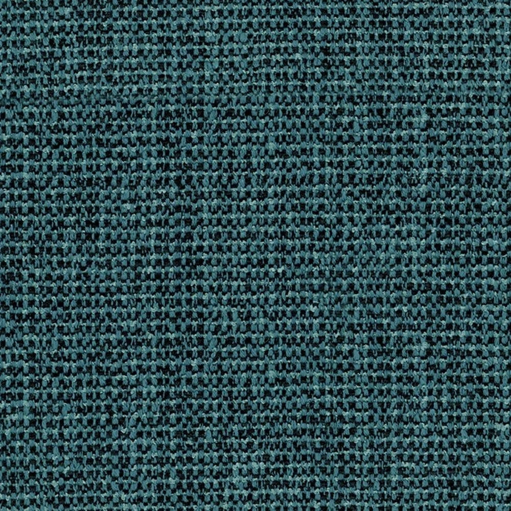 Close-up of teal woven upholstery fabric showing a small-scale textured weave in a 75% polyester, 5% linen, 20% viscose blend.