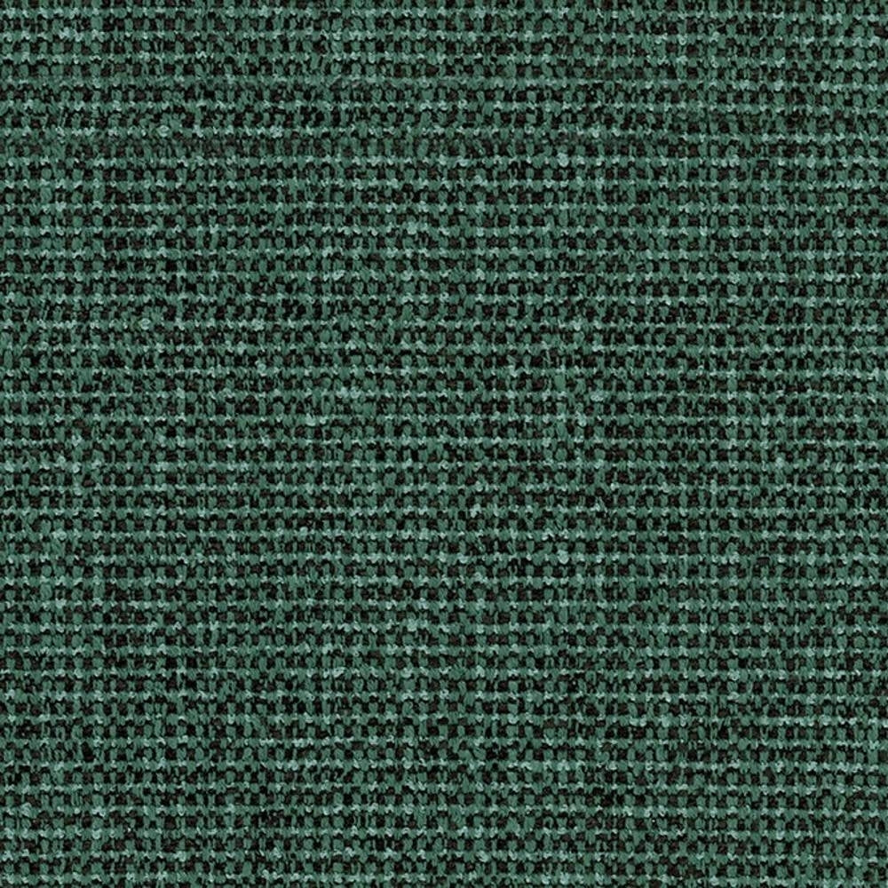 Close-up of green woven upholstery fabric in a 75% polyester, 5% linen, 20% viscose blend, showing a tight textured grid weave with dark flecks, ideal for contemporary sofas and office seating.