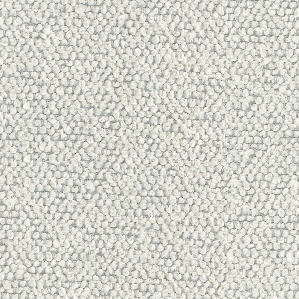 Close-up of cream-white boucle upholstery fabric in 100% polyester showing dense looped texture and soft neutral finish for sofas.