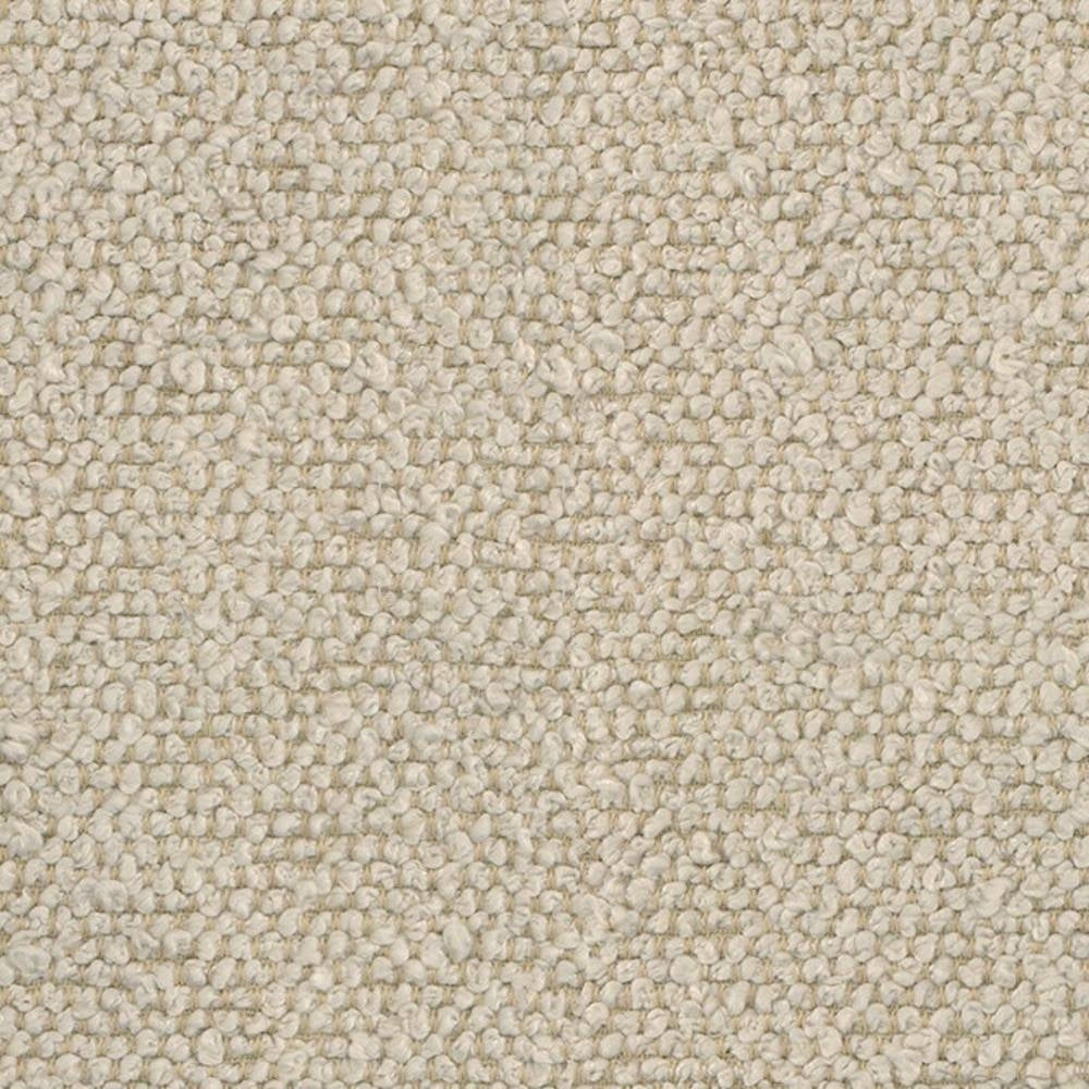 Close-up of cream bouclé 100% polyester upholstery fabric showing dense looped texture and soft neutral finish, ideal for sofas and indoor upholstery.