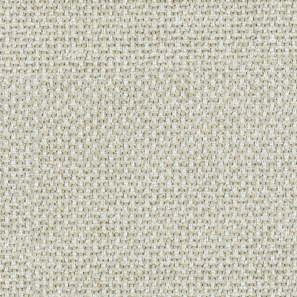 Close-up of neutral beige woven upholstery fabric showing a tight basketweave texture in a 72% polyester, 15% viscose, 5% linen blend, suitable for sofa upholstery.