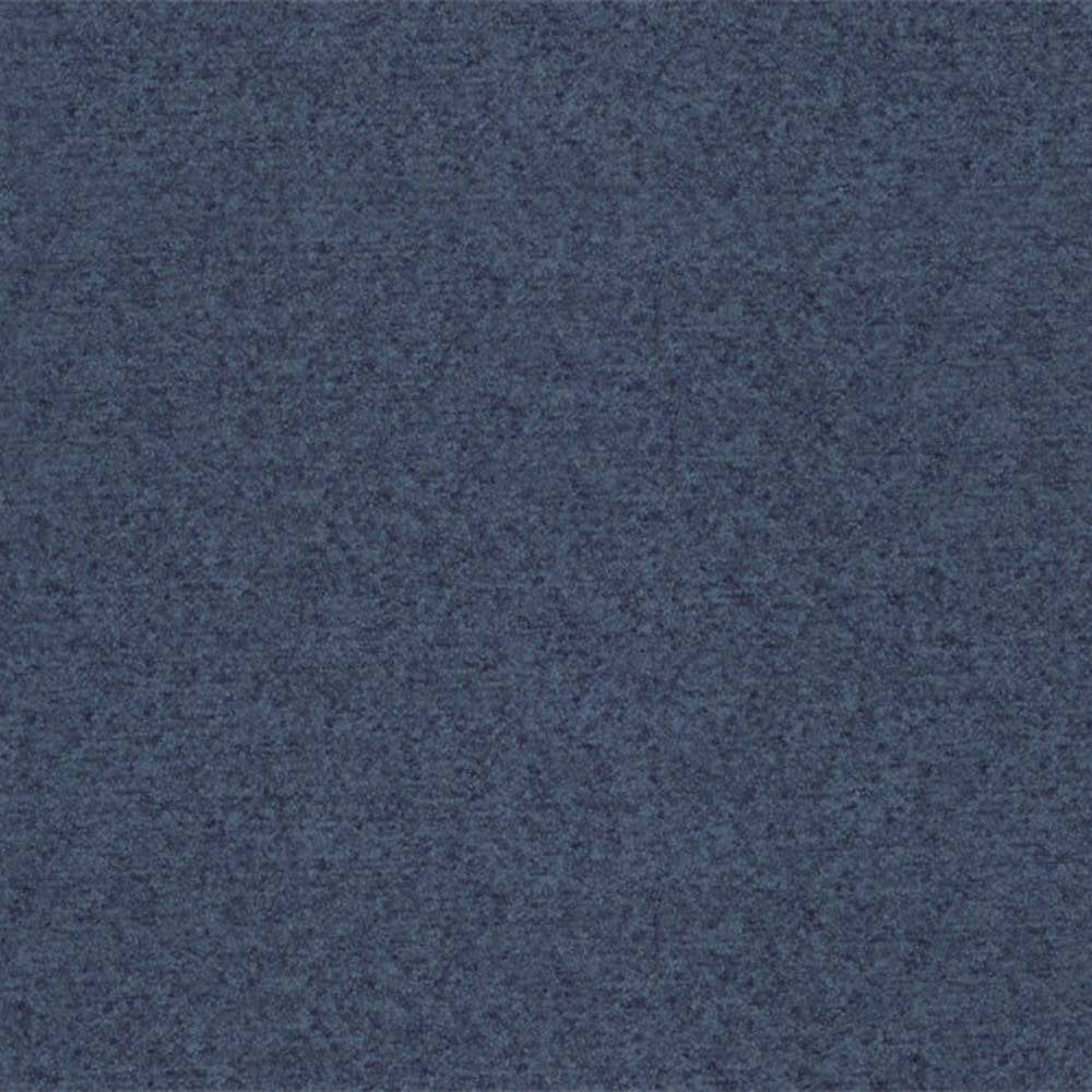 Close-up of a denim-blue 100% polyester upholstery fabric swatch with a fine mottled texture, shown flat for sofa and office use.