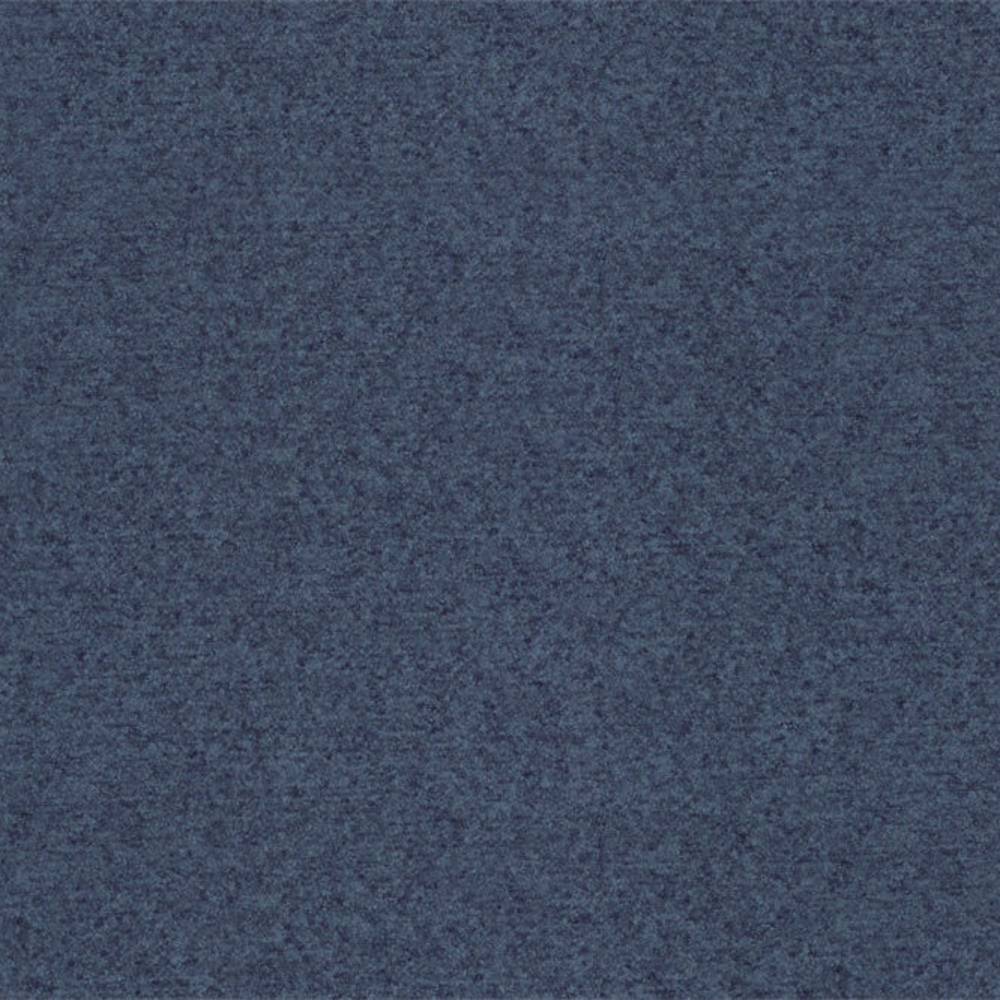 Close-up of a denim-blue 100% polyester upholstery fabric swatch with a fine mottled texture, shown flat for sofa and office use.