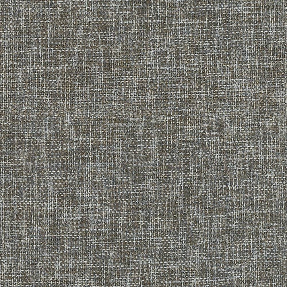 Close-up of neutral gray woven upholstery fabric in 100% polyester, showing a textured tweed-like weave of light and dark gray threads ideal for contemporary sofa upholstery.