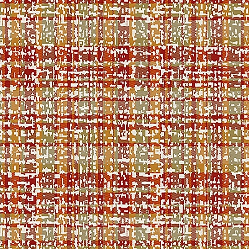 Close-up of a woven upholstery fabric swatch with an abstract plaid/check pattern in rust-red, beige, olive green and white; 75% polyester, 25% viscose, suitable for contemporary sofa upholstery.