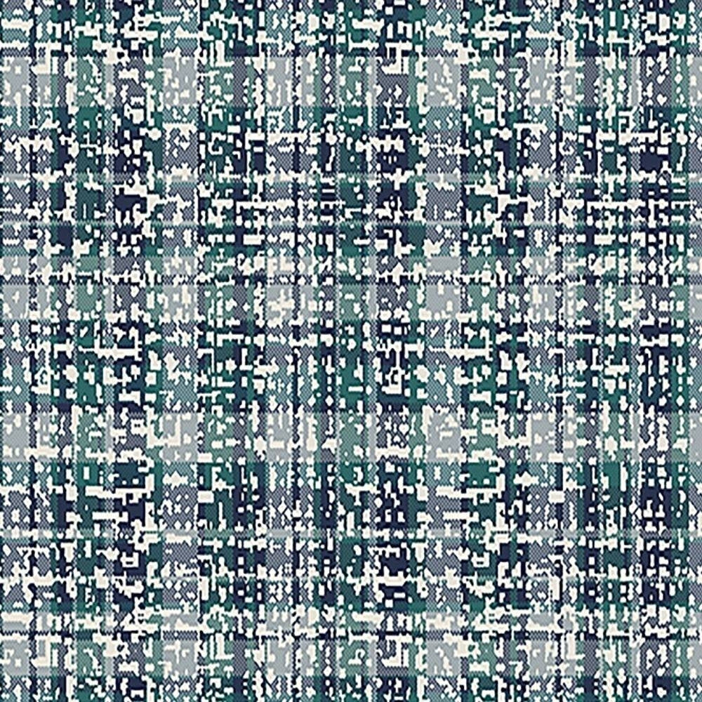 Close-up of contemporary upholstery fabric showing a pixelated plaid pattern in teal green, navy, gray and white; 75% polyester, 25% viscose blend designed for sofa use.