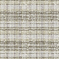 Close-up of beige and greenish-beige abstract pixelated plaid upholstery fabric with taupe and light-gray accents, showing woven texture; contemporary sofa fabric made of 75% polyester and 25% viscose.