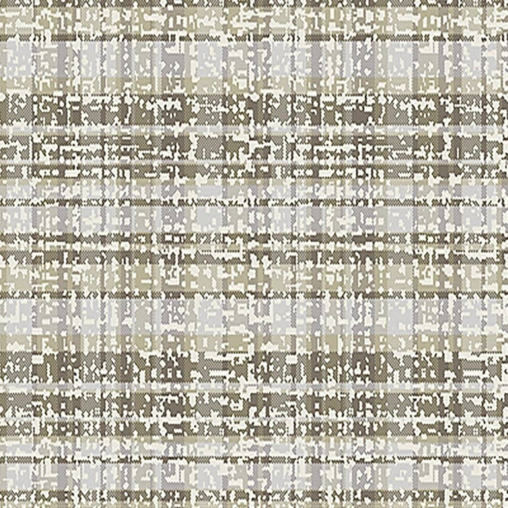 Close-up of beige and greenish-beige abstract pixelated plaid upholstery fabric with taupe and light-gray accents, showing woven texture; contemporary sofa fabric made of 75% polyester and 25% viscose.