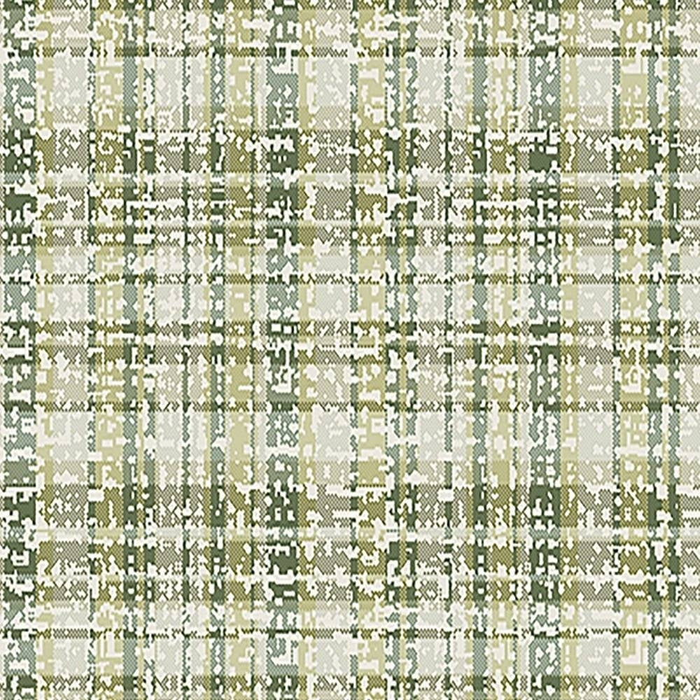 Close-up of contemporary upholstery fabric with a pixelated plaid pattern in olive green, beige and cream, 75% polyester and 25% viscose, shown as a sofa-grade textile.