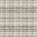Close-up of beige and greenish-beige abstract pixelated plaid upholstery fabric with taupe and light-gray accents, showing woven texture; contemporary sofa fabric made of 75% polyester and 25% viscose.