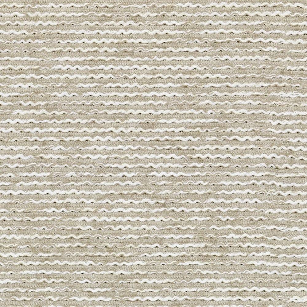 Close-up of beige viscose-polyester upholstery fabric with wavy horizontal ribbed texture and subtle tonal variations, shown as a neutral indoor sofa fabric sample.
