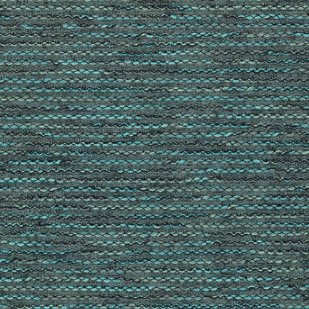 Close-up of teal and charcoal woven upholstery fabric with horizontal textured rows, showing looped 55% viscose/45% polyester yarn and subtle color variation suitable for sofa upholstery.