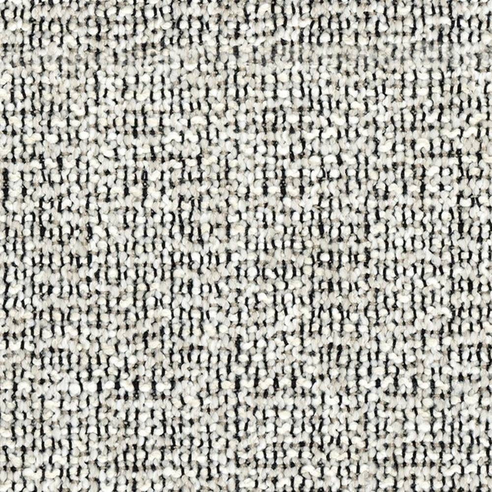 Close-up of cream and white looped bouclé upholstery fabric with dark flecked threads, showing a textured heavy-duty weave ideal for contemporary sofa upholstery (70% acrylic, 30% polyester).