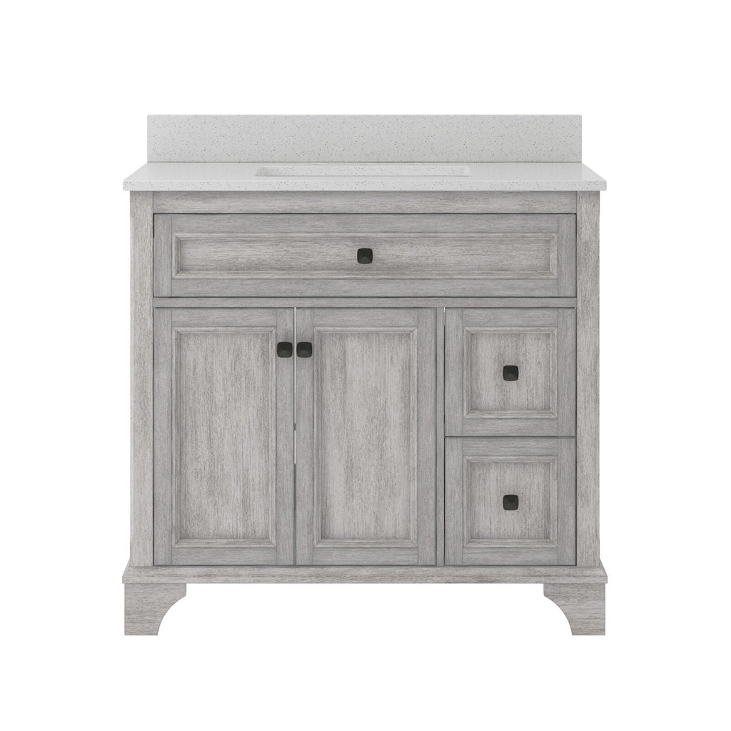 37-inch gray solid wood bathroom vanity with a speckled stone countertop and integrated rectangular sink; freestanding modern cabinet with center double doors, two stacked right drawers and a full-width top drawer with square dark knobs.