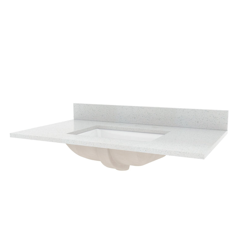 Stone-colored speckled bathroom countertop with a rectangular white ceramic undermount sink and low matching backsplash, shown floating on a white background.