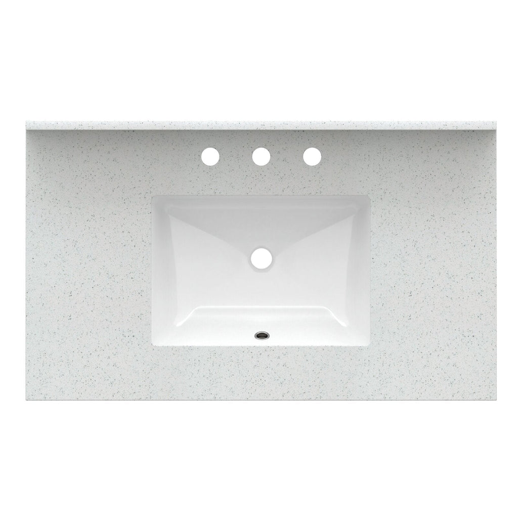 Top view of a 37-inch speckled stone gray vanity top with a centered rectangular white ceramic sink and three pre-drilled faucet holes above the basin.