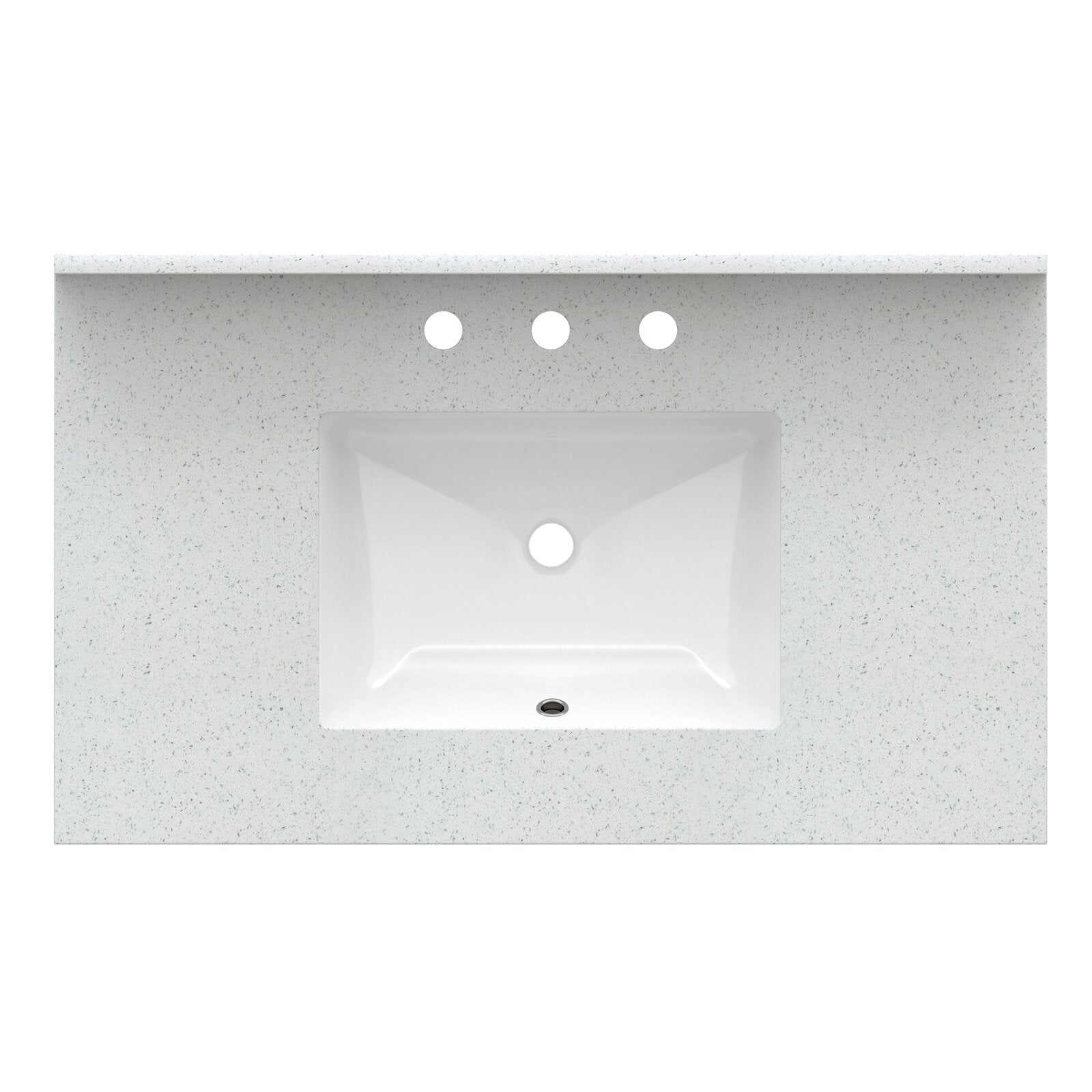 Top view of a 37-inch speckled stone gray vanity top with a centered rectangular white ceramic sink and three pre-drilled faucet holes above the basin.