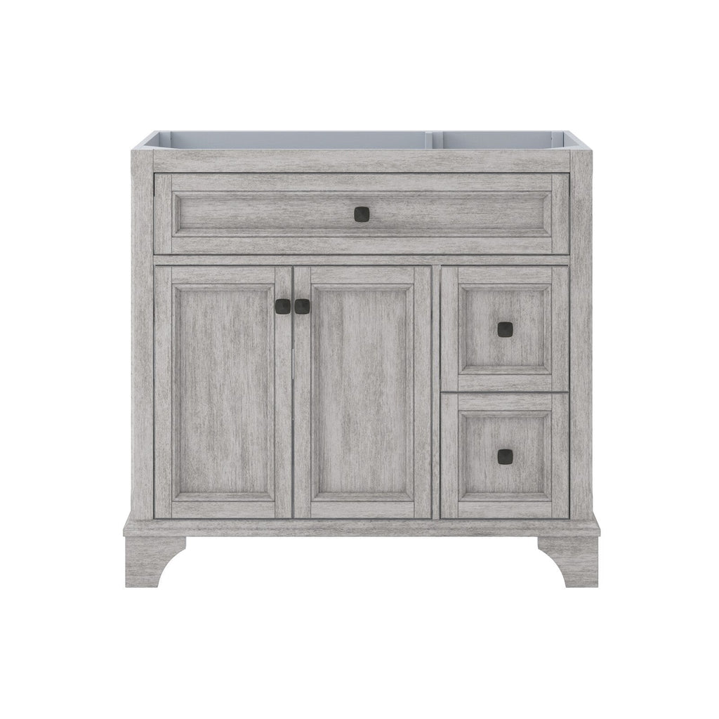 Front view of a 37-inch stone-gray solid-wood freestanding bathroom vanity with open top for a single sink, a full-width top drawer, double cabinet doors and two stacked right drawers, recessed panels and matte black square knobs.