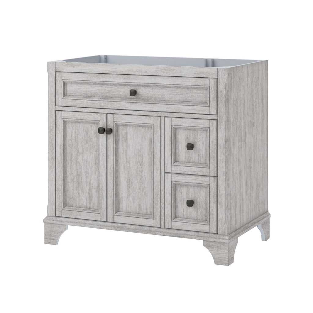 Modern 37-inch freestanding bathroom vanity in stone-finish solid wood shown without a countertop; features a recessed single-sink opening, two center cabinet doors, two stacked right drawers, and dark square knob hardware.