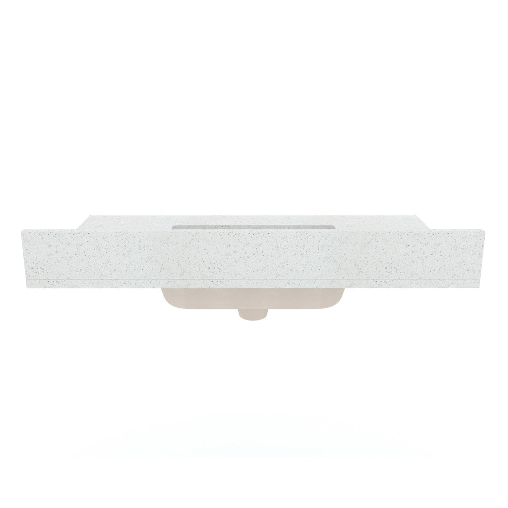 Top view of a speckled stone vanity top in stone color with an integrated rectangular ceramic sink and exposed beige basin underside, shown on a white background.