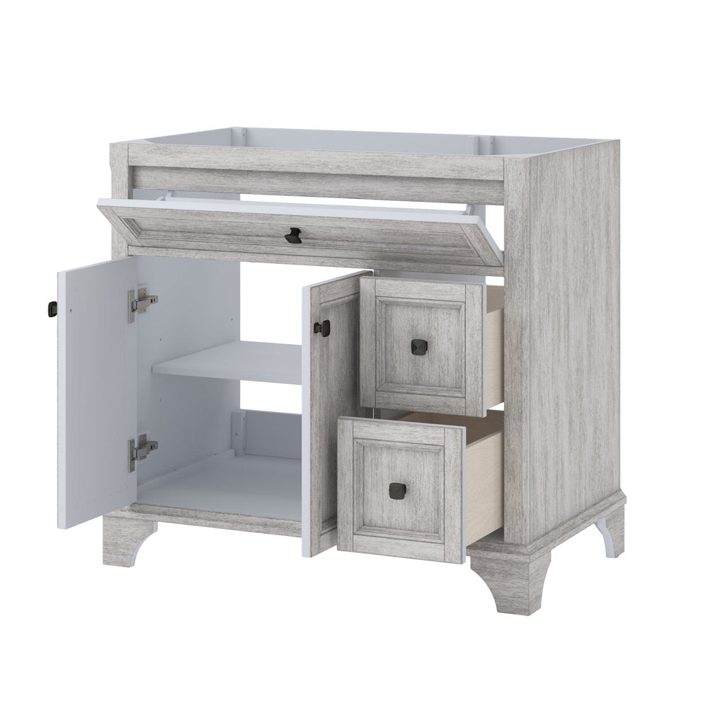 37-inch stone gray solid wood freestanding bathroom vanity cabinet shown without top, with left door open revealing an interior shelf, a hinged tilt-out front panel and two right drawers partially open, with square dark knobs.
