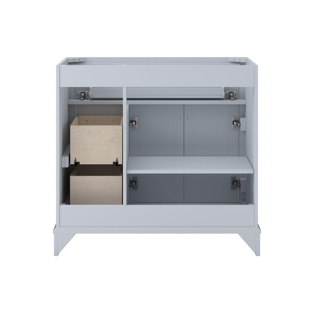 Front view of a modern stone-gray 37-inch solid wood freestanding bathroom vanity showing open cabinet interior with two natural wood pull-out drawers on the left, adjustable shelf and soft-close hinges on the right.