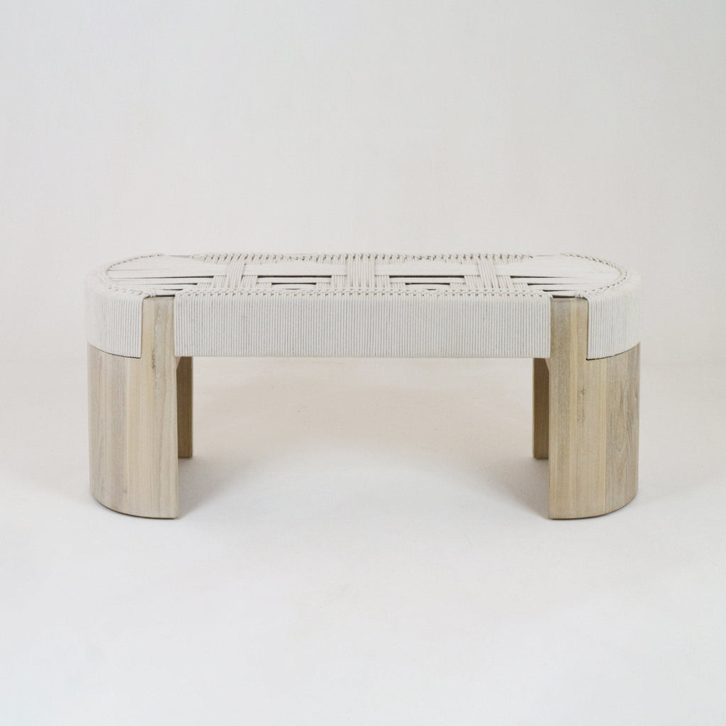 Modern low-profile entryway bench with a woven cream rope fabric seat in a basket-weave pattern supported by rounded natural oak legs.
