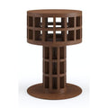 Round honeycomb-style side table in natural brown solid wood with an open grid drum top and cylindrical grid pedestal above a circular base, modern contemporary design for living room use.
