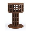 Round honeycomb-style side table in natural brown solid wood with an open grid drum top and cylindrical grid pedestal above a circular base, modern contemporary design for living room use.