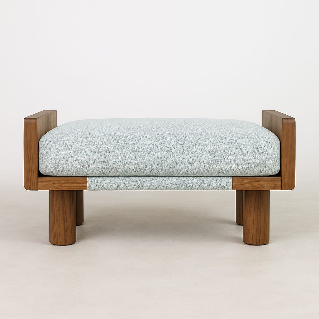 End-of-bed bench with a natural teak wood frame and round legs, topped with a thick cream-and-aqua boucle fabric cushion featuring a subtle chevron texture, offering clean contemporary coastal styling.
