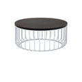 Round coffee table with a dark mahogany wooden top and white iron wire cage base, low-profile rustic design suitable for a living room.