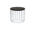 Round side table with a mahogany wood top and white metal wire cage base in a rustic style, shown on a white background.