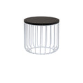 Round side table with a mahogany wood top and white metal wire cage base in a rustic style, shown on a white background.
