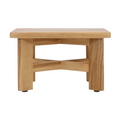 Backless mid-century modern shower stool in solid teak with a slatted rectangular top, thick square legs and an X-shaped stretcher, natural teak finish and small black rubber feet.