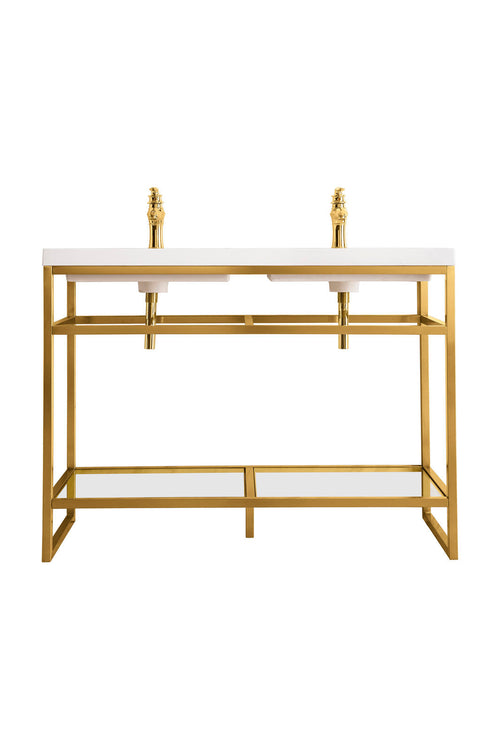 47-inch glam double-sink bathroom vanity with white stone top, two gold faucets, exposed gold drain pipes and a gold metal open-frame base with lower shelf.