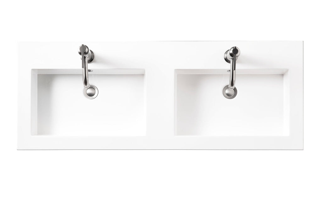 Top-down view of a contemporary glam stone double-sink vanity top in white showing two rectangular integrated basins with chrome metal single-handle faucets and round stainless drains.